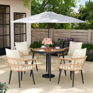Pamapic 5 Pieces Patio Dining Set with Wood Table Top, Outdoor Table & Chairs, All-Weather PE Rattan, Cream Color