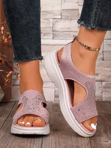 Women's Rhinestone Flyknit Thick Sole Sandals, Open Toe Slip-On Wedge Sandals, Fashionable Sling Sandals, Breathable Back Strap Sports Summer Shoes, Multiple Colors Available