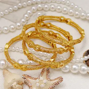 4pcs Middle Eastern Copper Plated Yellow Fashion Bow Hollow Carved High Quality Non-Fading Bracelet Set, Dubai African Ethiopian Wedding Season, Party, Festival Matching Boutique Bracelet for Women
