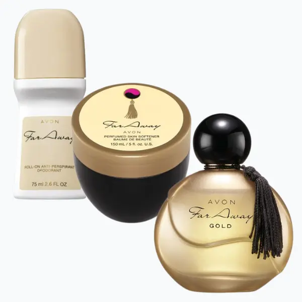 Avon Far Away Gold Eau De Parfum Set, Perfume 1.7, Roll-on Deodorant, Skin Softener
