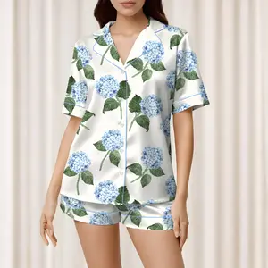 Women’s Blue Hydrangea Watercolor Floral Pajama Set, Long Sleeve Button Front Top & Pants, Bridal Gift Loungewear