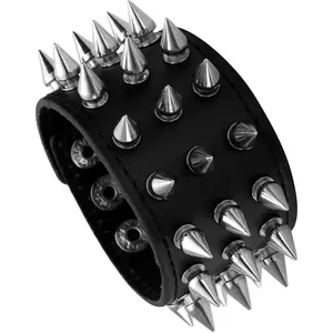 Unisex Black Metal Spike Studded Punk Rock Biker Wide Strap Leather Bracelet Chain Wristband Adjustable