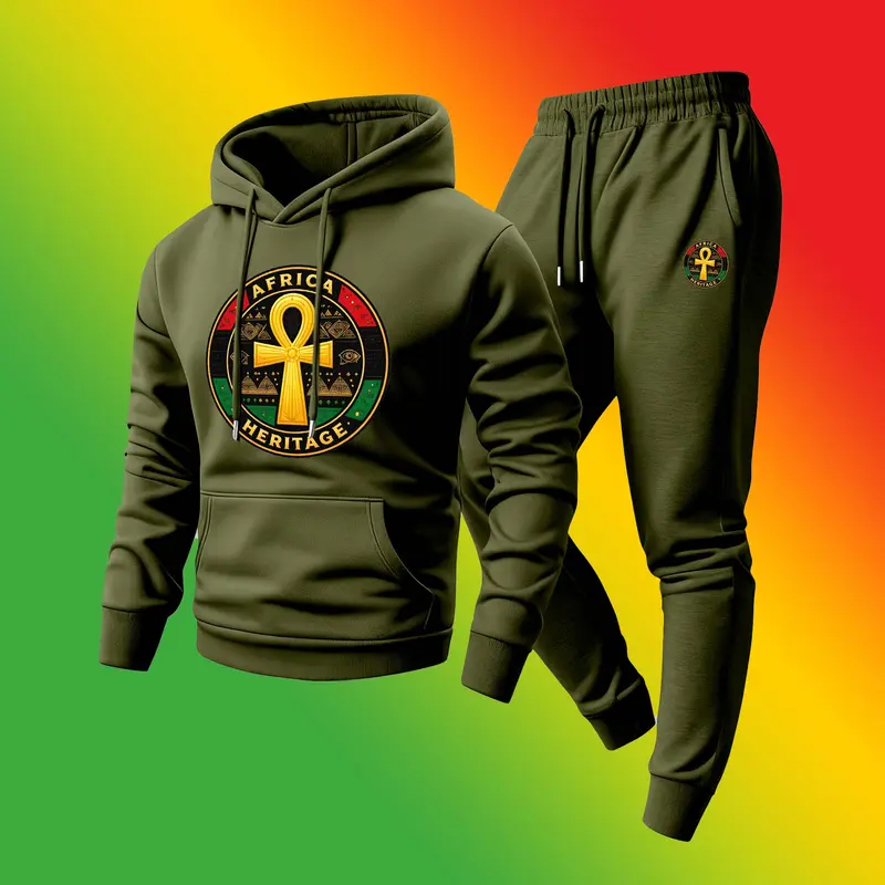 Men's 2-Piece Black History Month Letter Print Polyester Tracksuit - Loose-Fit Longsleeve Hoodie & Pants Set, Drawstring, Breathable, Minimalist Mensfashion Fabric Outfit for Fall Winter Gym Athleisure
