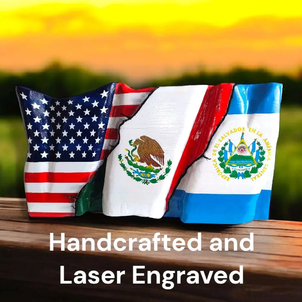 Handcrafted Custom Flag - Laser Engraved Design Featuring American Mexican & Salvadoran Flags