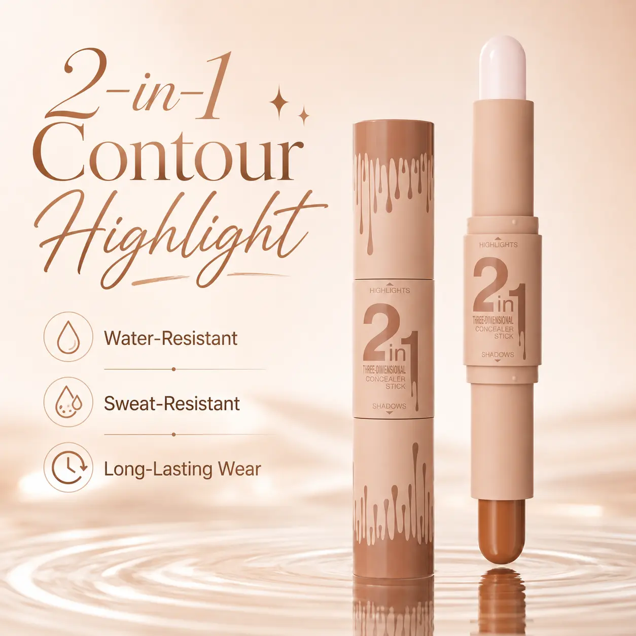2-in-1 Contour & Highlight Stick, Double-Ended Cream Cosmetic, Easy-Blend Sculpting Makeup with Long-Lasting, Waterproof Glow, Foundation-Compatible with Setting Powder & Makeup Brush, Beauty Products Bronzer Beige, Sweatproof Makeup