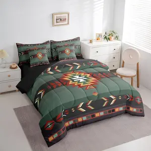 Feelyou 7-Piece Southwest Native Tribal Pattern Bedding Set, Vintage Green Red Geometric Design, Includes Comforter, Sheets, Pillowcases & Pillow Covers