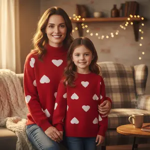 Family Matching Valentine's Day Sweaters Red Heart Print Turtleneck/Crew Neck Knit Pullover Cozy Casual Sweaters for Women Kids