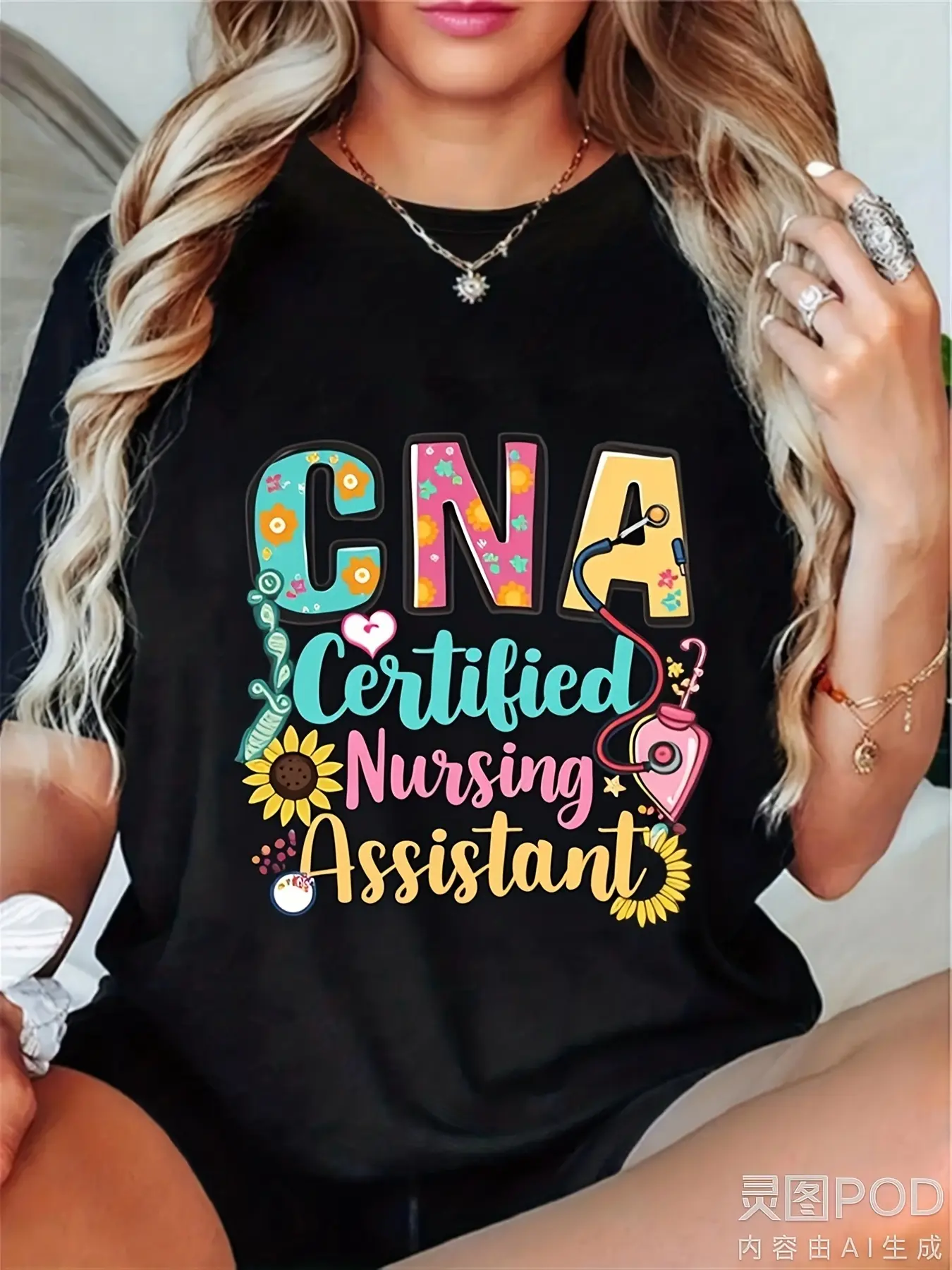 Women's Nursing Assistant Graphic T-Shirt - -Themed Sunflower & Heart Print with Stethoscope Design, Lightweight Comfort Fit Short Sleeve Round Neck Top for Healthcare Workers, CNA Gift, Casual WSame style for men and women  summer short-sleeved