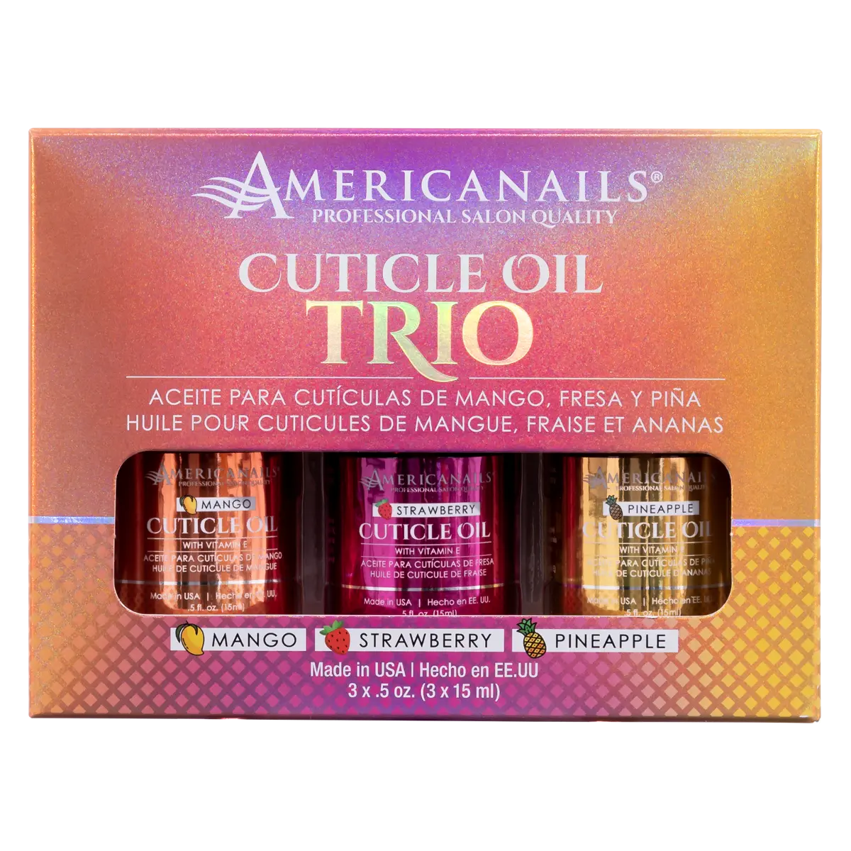Americanails Cuticle Oil Trio - Gentle Sweet Fruit Fragranced Mango, Strawberry, Pineapple - 3x0.5 oz Manicure Nail Care Treatment for Daily Hydrating Massage, Nourishing Cuticles, Softening Nails & Skin, Tropical
