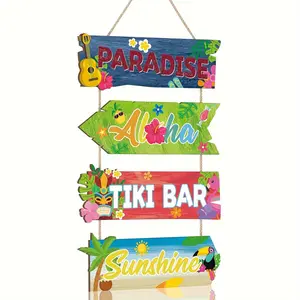4-Piece Hawaiian Bar Welcome Summer Wooden Sign Set, Fun Beach Luau Party Wall Decor, Vintage Farmhouse Door Plaque, Outdoor Home Bar Kitchen Backyard Decoration