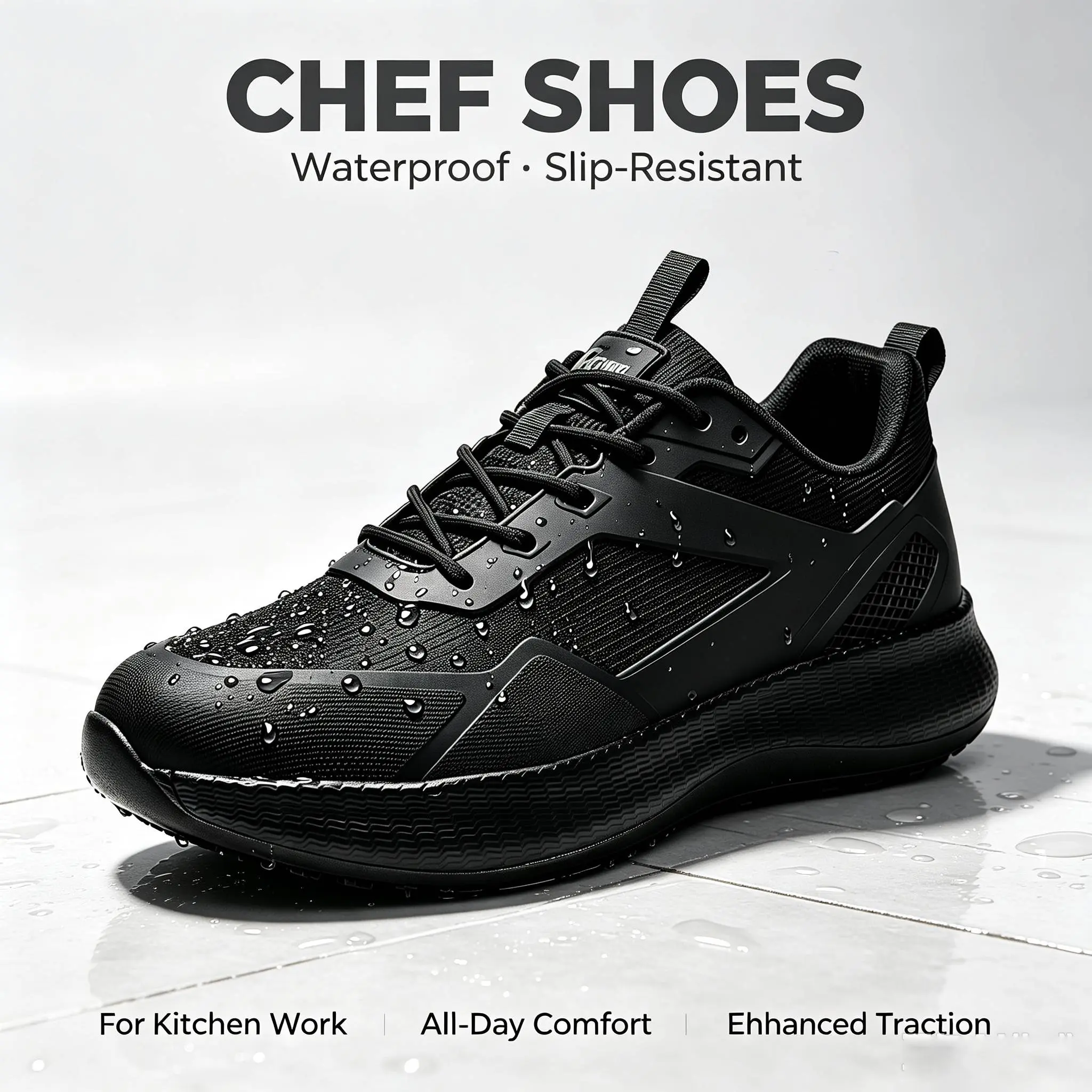 Men's Waterproof Anti-Slip Chef Work Shoes - Lace-Up Fit, EVA Sole, Pain-Relief for Long Standing, Comfortable Dry Design for Kitchen Work & Exercise