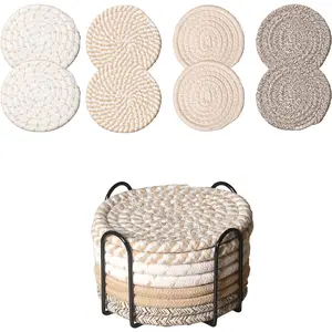 Drink Coasters Set of 8 with Holder – Cotton Woven Absorbent Coasters, 4 Colors for Coffee, Beer, Drinks & Tabletop Protection