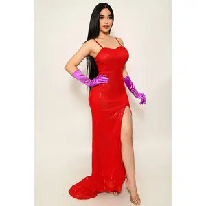 Red Sequin High Slit Maxi Dress Cabaret Singer Jessica Sexy Costume