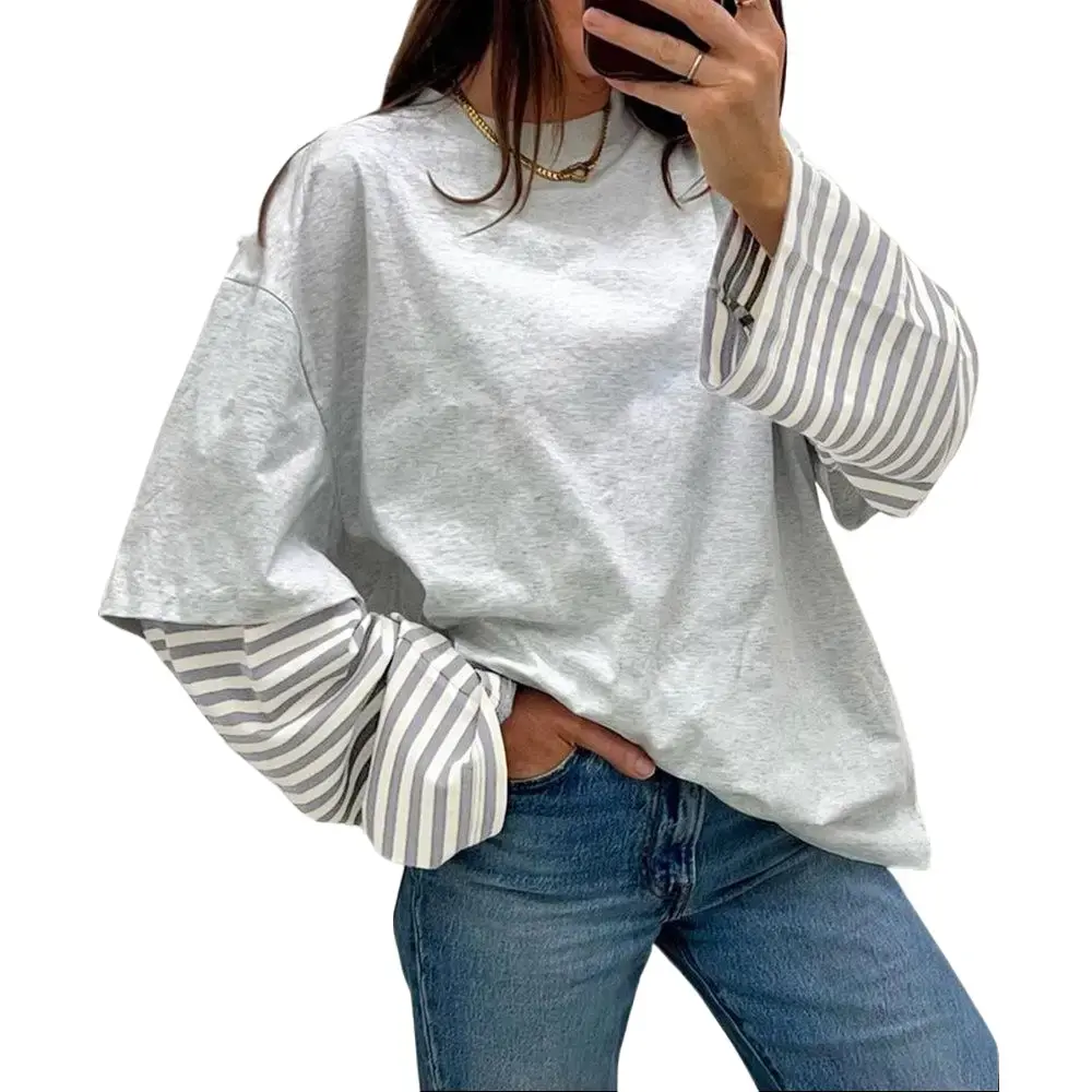 EncoLax Women Color Block Patchwork Striped Long Sleeve T-Shirt, Loose Fit Casual Crew Neck Fashion Tee Tops for Spring Autumn Daily Wear