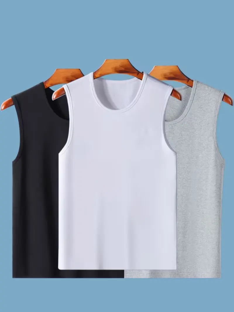 Men's 3pcs Pure Cotton Regular-Fit Sleeveless Spaghetti Strap Tank Tops & Vests Set, Random Color Casual Breathable Undershirts for Daily Wear