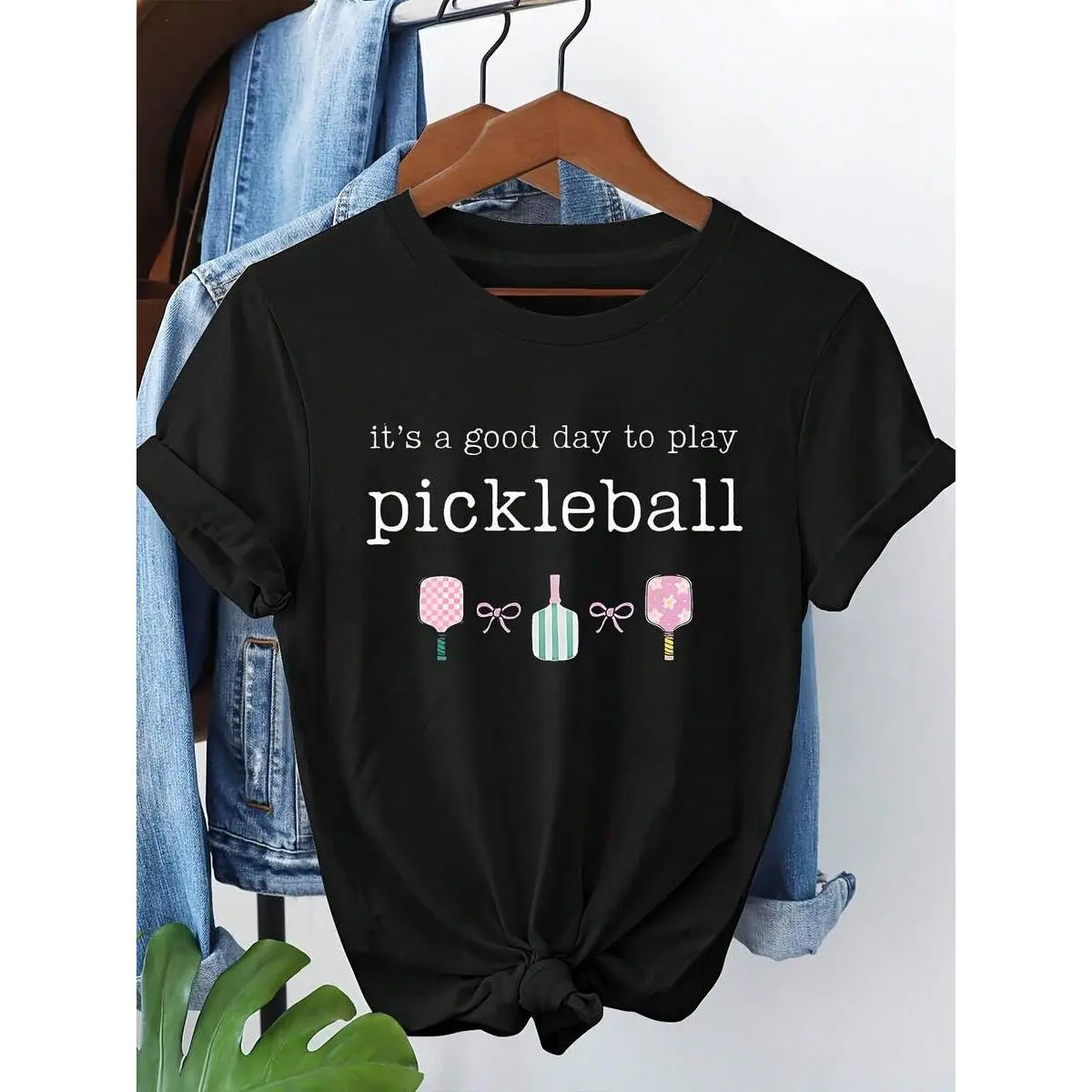 Women's Casual Pickleball Graphic Tee, 100% Cotton Fabric Short-Sleeve Round Neck Top, Relaxed Fit Versatile Staple Piece for Daily Wear, Tshirt, Breathable Fabric, Loose Shoulder, Shortsleeve, Casual Wear, Graphic Print, All Seasons, Style, Oversized, T-