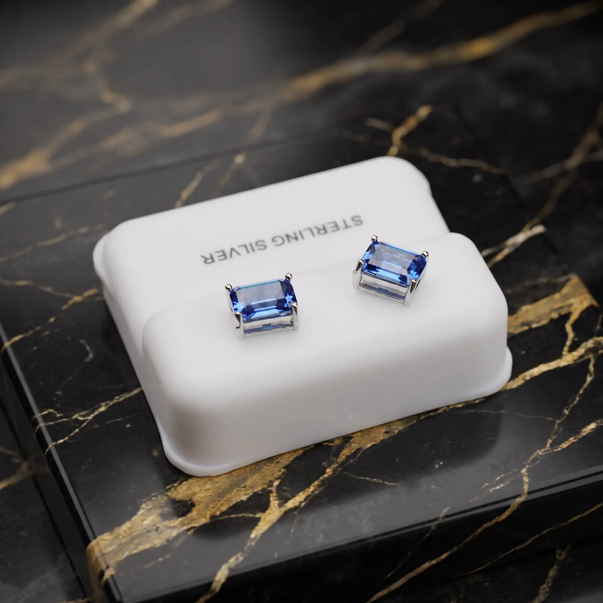 Unisex 925 Sterling Silver Emerald Cut CZ Sparkle Stones Earrings, 7x5mm Tanzanite Studs with Push Backs, Everyday Wear Jewelry