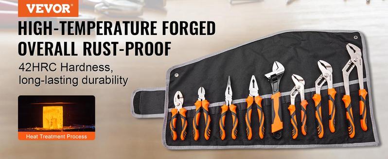 VEVOR 8-Piece Pliers Set, TikTokShopBlackFriday, High Carbon Steel, 12"/10"/8" Groove Joint Pliers, 8" Linesman's Pliers, 6" Slip Joint Pliers, 8" Long Nose Pliers, 6" Diagonal Cutter, 10" Adjustable Wrench, and Tool Bag