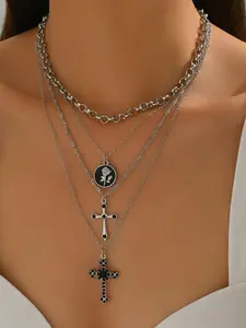 Goth Layered Silver Necklace with Cross & Black Rose Charms | Edgy Gift for Her, Goth Parties & Everyday Dark Style, Modern Fashion Accessories, Cross Necklaces
