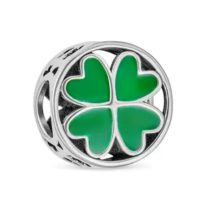 Sterling Silver Good Luck Lucky Irish Shamrock Enamel Green Heart Clover Charm Bead for Bracelet