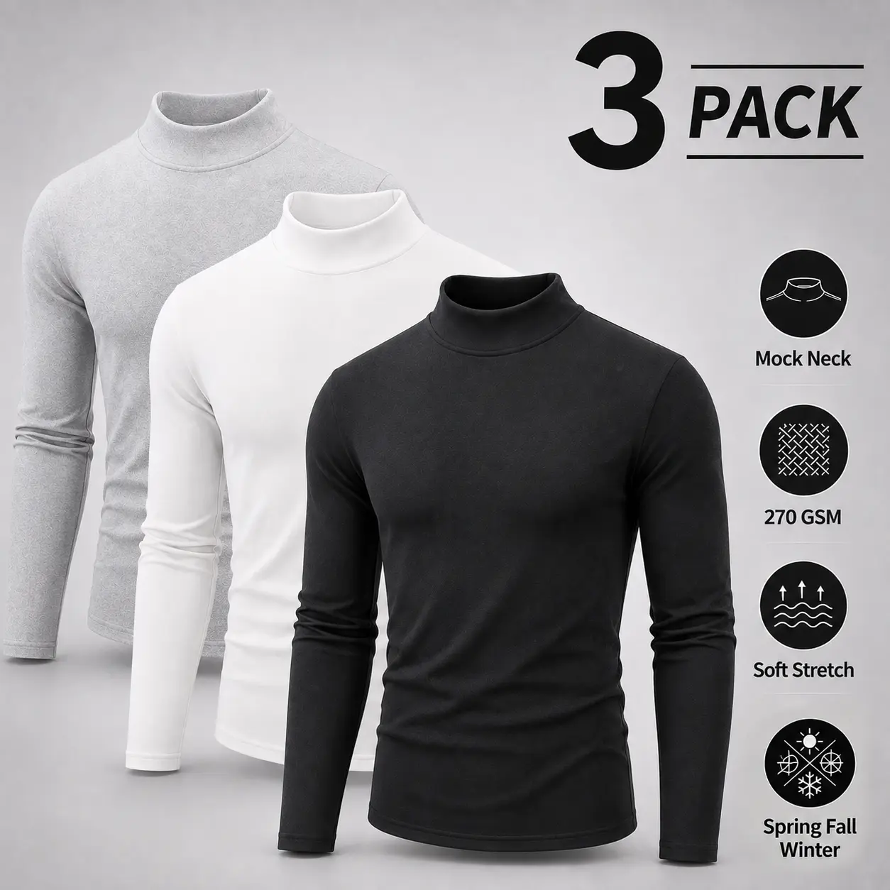 3-Pack Men's Mock Neck Thermal Long Sleeve Shirts, 270 GSM Soft Stretch Base Layer Tops for Spring Fall Winter, Warm Casual Undershirts for Daily Wear and Layering