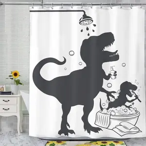 1pc Dinosaur Bath Silhouette Printed Shower Curtain, Waterproof Bathroom Shower Curtain With Hooks, Bathroom Accessories, Room Decor