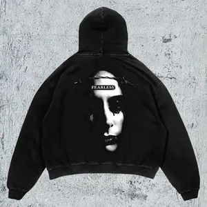 "FEARLESS" Distorted Face Hoodie Unisex Oversized Vintage Washed Heavyweight Grunge Pullover with Celestial Goddess Print & Drawstring Hood for Casual Autumn Wear