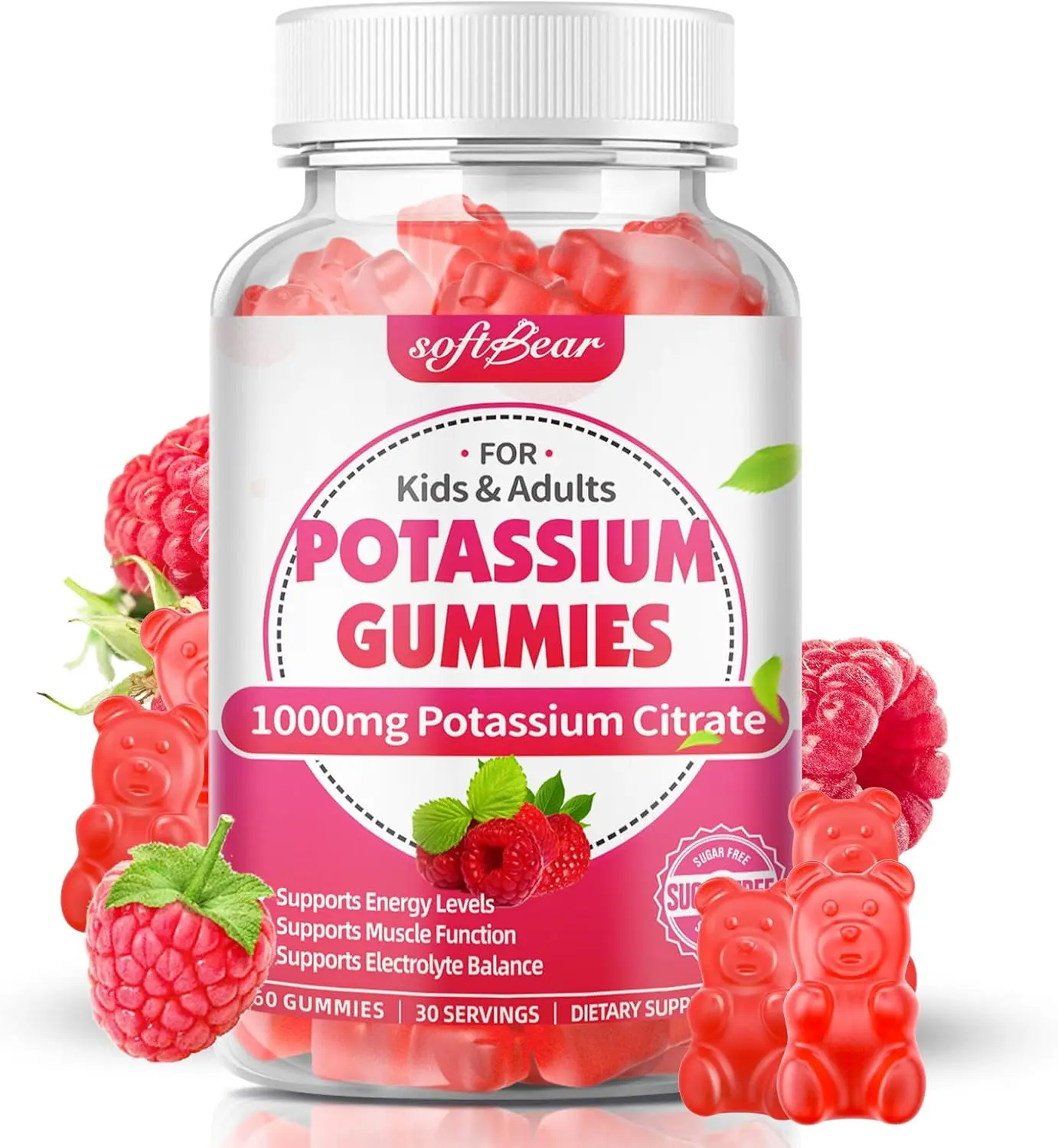 softbear Potassium Citrate 1000mg Gummies – Suagr Free Potassium Gummies for Muscle Support & Electrolyte Balance – Potassium Supplement for Women & Adults, Vegan, Raspberry Flavor (60 Count)