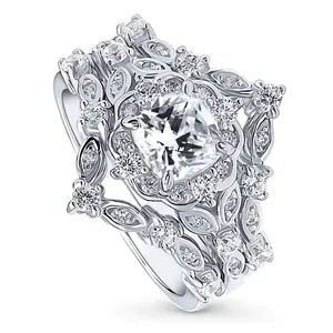BERRICLE Sterling Silver Halo Wishbone Art Deco Chevron V Shaped Engagement Rings Statement Stackable Band for Women, Cushion Cut Cubic Zirconia CZ Ring Set