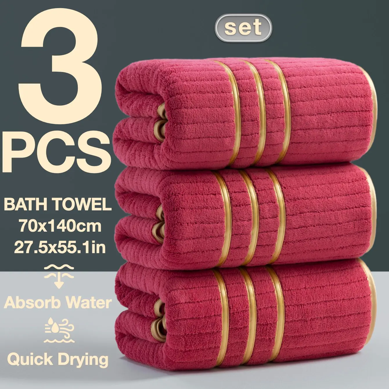 3-Piece Large Bath Towels Edges High-Quality Embroidery Decoration Thick Gsm300 Size 70x140cm Quick-Dry Strong Absorbent