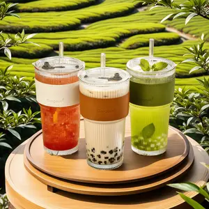 Elegant 20oz Glass Beverage Cups with Straws and Lids Striped Design Clear for Iced Coffee Office Home Use