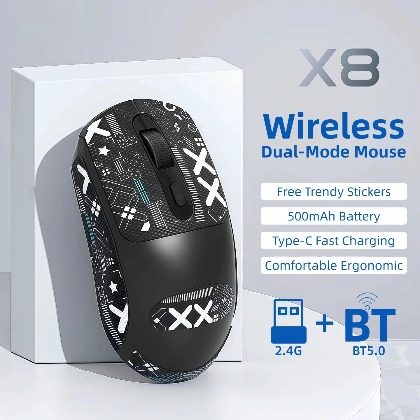 Wireless Mouse with Street Graffiti Stickers – Dual-Mode 2.4G + BT 5.0 Connection, Lightweight Fast-Response Design, Silent Buttons, Rechargeable Ergonomic Grip – Trendy Style for Gaming, Work & Study