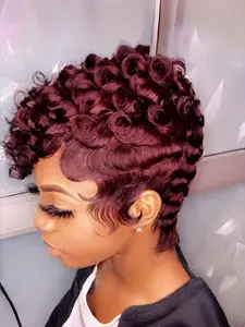 Short Layered Pixie Cut Human Hair Wig Curly Wavy With Bangs for Women Glueless Full Machine Made  Easy to Wear and Go Glueless Wigs