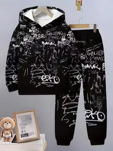 Boys' Doodle Print Casual Hoodie & Pants Set, Outdoor Wear, Geometric Pattern, Fitted Short Pants, All Seasons, Perfect for Outdoors