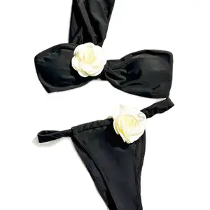Women's Single Shoulder Flower Bra And Thong Bikini Set.