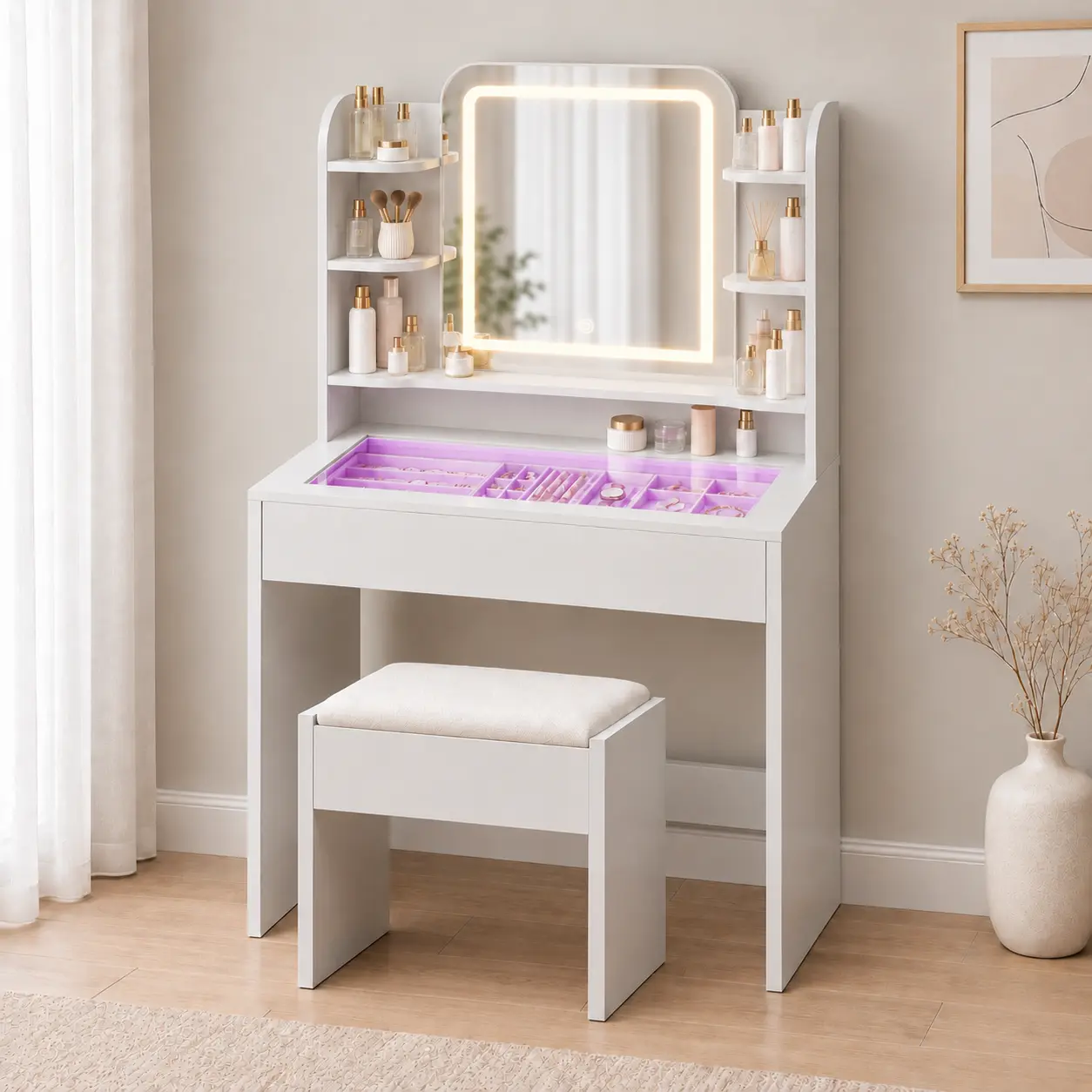 LED Vanity Makeup Table with Tempered Glass Top & Smart RGB Drawer, Mirror with 3-Color Dimming, 5 Shelves, App & Remote Control, Music Sync, 15D x 26.4W x 52H in