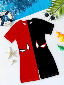 Boys' trendy and cool swimsuit "Hero Assembly Style" with red and black spider prints + comfortable fabric, unique and eye-catching, making it perfect for taking amazing photos during water activities~