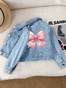 Girls' Casual Fashion Denim Jacket, Bow Pattern Print, Comfortable Fit, Suitable for School and Dates, Ages 12 and Under