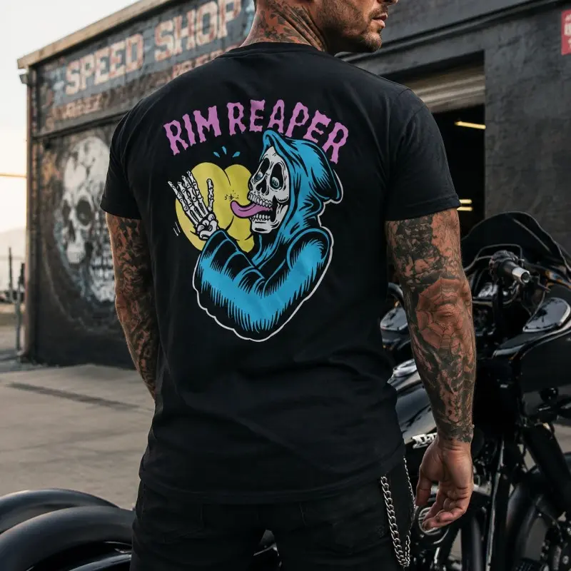 Men Grim Reaper Skull Back Print T Shirt Retro Biker Motorcycle Graphic Cotton Short Sleeve Tee For Men Back To School September Halloween Gift For Men Birthday Gift