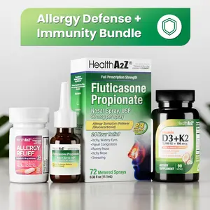 HealthA2Z Allergy Defense + Immunity Bundle - Fexofenadine Hydrochloride 180 mg (30 Caplets, Pack of 1) - Fluticasone Propionate Nasal Sprays (72 Metered Sprays, Pack of 1) - Vitamin D3 + K2 Virgin Coconut Oil (Natural MCTs, 90 Softgels, Pack of 1)
