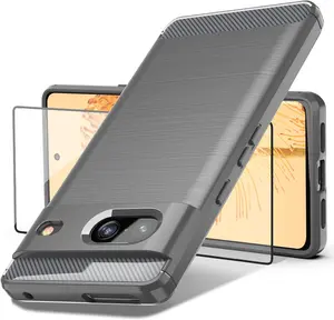 Phone Case for Google Pixel 7 Case, Pixel 7 Case with Tempered Glass Screen Protector, Shock-Absorption Brushed Flexible Soft TPU Carbon Fiber Protective Cover for Google Pixel 7 5G (LS-Gray)