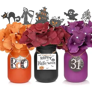 DIY Halloween Decorations, Halloween Table Centerpiece, Halloween Mason Jar Table Decor Set: Themed Vases with Faux Flowers & Festive Tags - Indoor Halloween Centerpiece Ideas