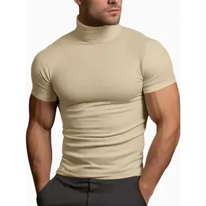 Men's Solid Color Turtleneck Tee, Casual Comfy Short Sleeve T-shirt for Summer, Men's Top for Daily Wear, Tropical(Sheet)