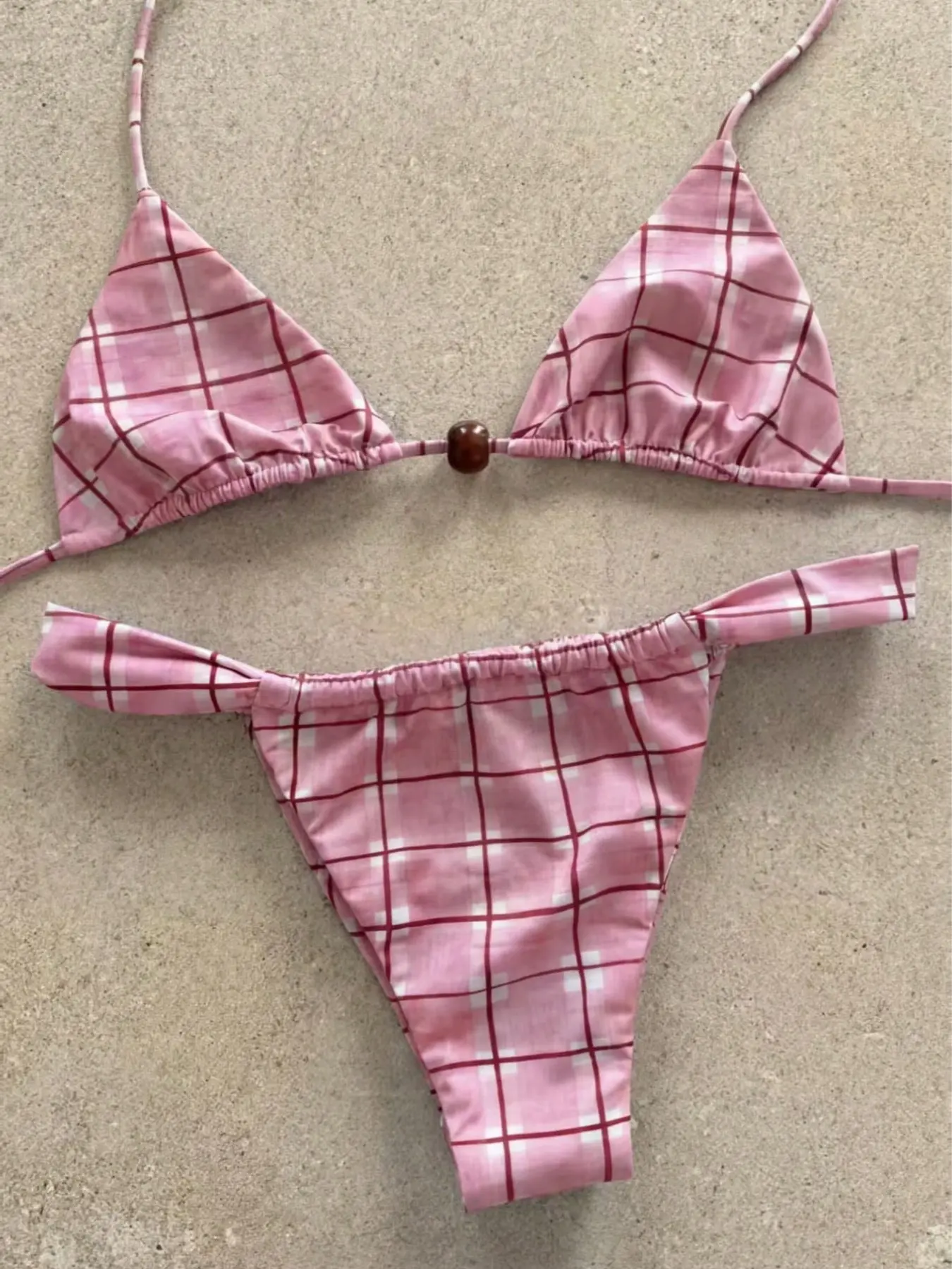 Women's French Grid Light Maternity Swimwear Set, Halter Neck Design Beaded Plaid Print Triangle Bikini Bottoms Beach Halter Swim Top Summer Beach Stretchy Swimsuit Bikini
