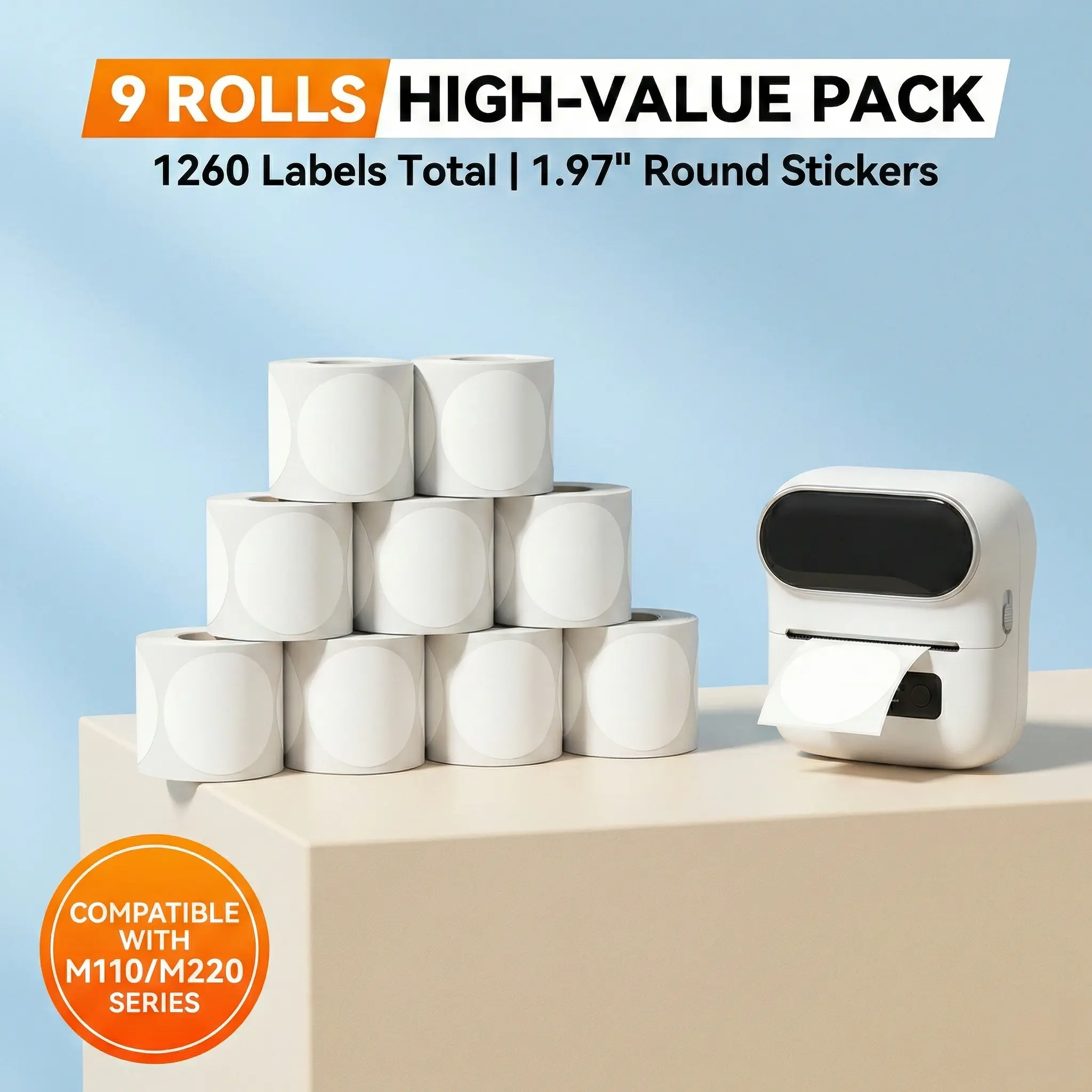 9 Rolls 1260-Count Round Thermal Labels, 1.97in (50mm) Circle Form High Adhesive Stickers, Waterproof Oil-Proof Thermal Paper Labels for Printers Phomemo M110/M220 M110S M120 M200 M221, White for Small Business Branding, Round Shape