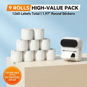 9 Rolls 1260 Count Round Thermal Labels 1.97 Inch 50mm Circle Stickers for Phomemo M110 M220 M110S M120 M200 M221 Thermal Printer Waterproof Oil-proof Self Adhesive Label Paper for Small Business Logos Branding DIY Organization White