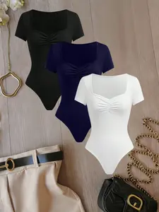 Elegant Square Neck Ruched Short Sleeve Jumpsuit Set, Slim Fit Solid Color Bodycon Top, Trendy Western Style Casual Three-Piece