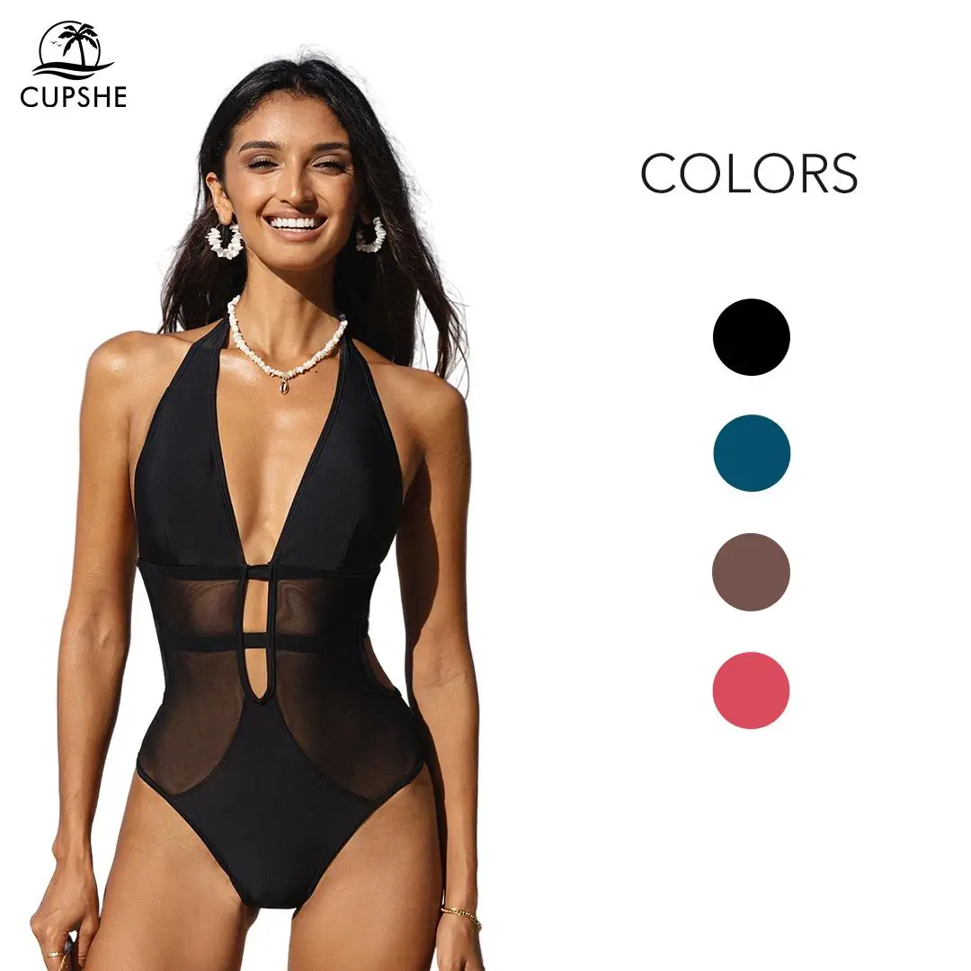 CUPSHE Women's Deep V Neck & Halter Back One Piece Summer Swimsuit Tie Mesh Bathing Suit Casual Beachwear,for Beach,Pool Party Fashion Swimwear