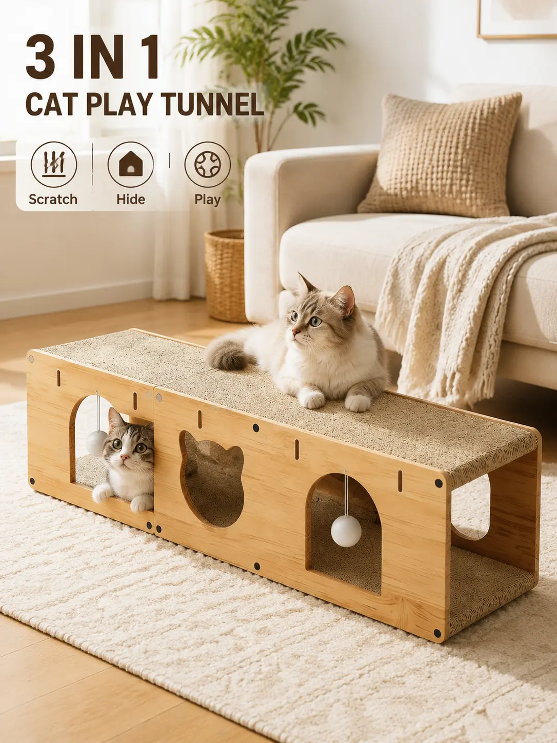 Large Cat Tunnel Scratcher with Cat Cave & Hanging Ball, 100cm Extra Long Interactive Cat Toy Furniture for Indoor Cats