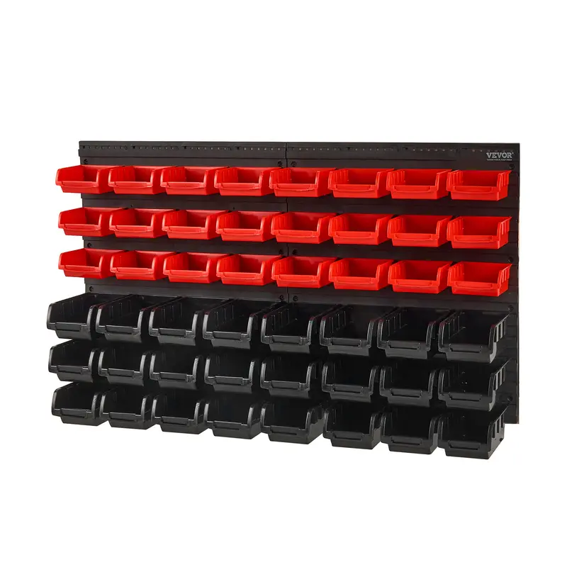【summerfinds】VEVOR Wall Mounted 48-Bin Durable Plastic Tool Organizer, Adjustable Garage Storage with Wall Panels, Black-Red Rack with Small+Large Bin Mix, Multifunctional 48bin Sorting Solution for Garage, Shop